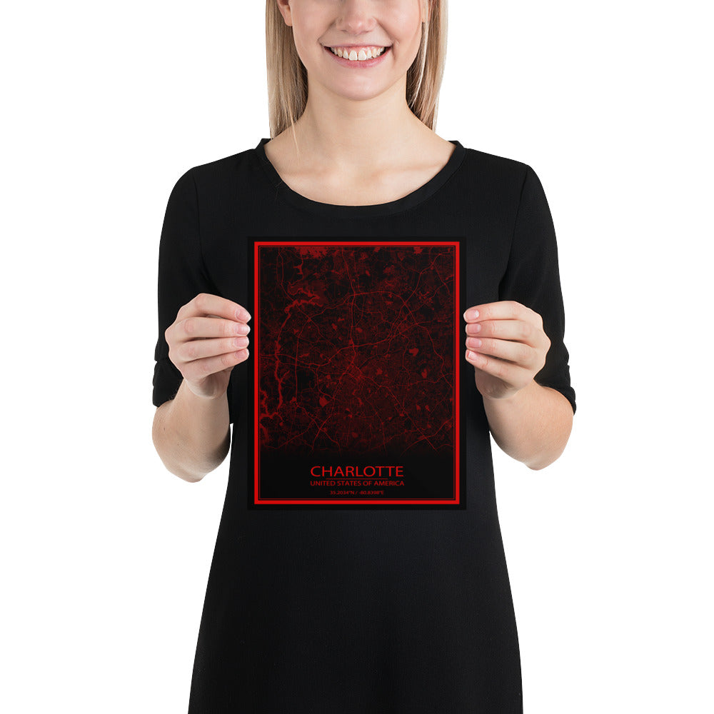 Charlotte Black and Red Paper Map